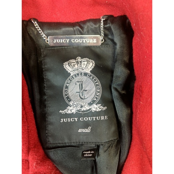 Juicy Couture Coat Size Small Red Italian Wool Jacket Ruffle Trim Pea Coat - Picture 2 of 15